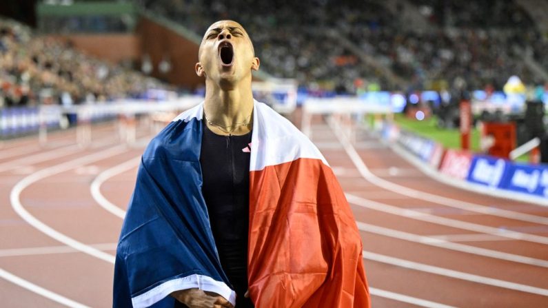 Sasha Zhoya, s'est offert une nouvelle victoire vendredi soir lors des finales de la Ligue de Diamant à Bruxelles en s'imposant en 13 sec 16.(Photo : TOM GOYVAERTS/BELGA MAG/AFP via Getty Images)