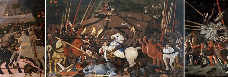 Les trois panneaux de « La Bataille de San Romano », vers 1435-1460, de Paolo Uccello. Les panneaux de gauche à droite sont conservés respectivement à la National Gallery de Londres, à la Galerie des Offices et au Musée du Louvre. (Domaine public)