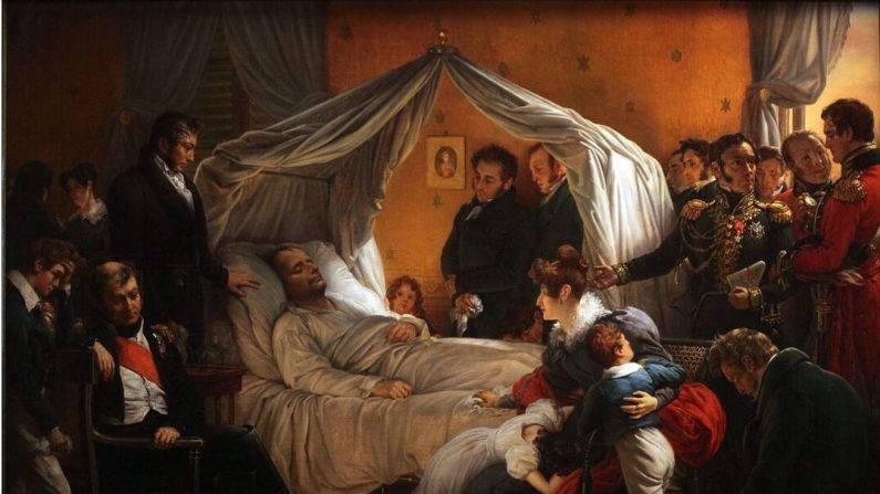 « Mort de Napoléon », 1828, par Charles de Steuben. Huile sur toile ; 91.4 cm par 119.3 cm. Arenenberg, Suisse. (Domaine public)