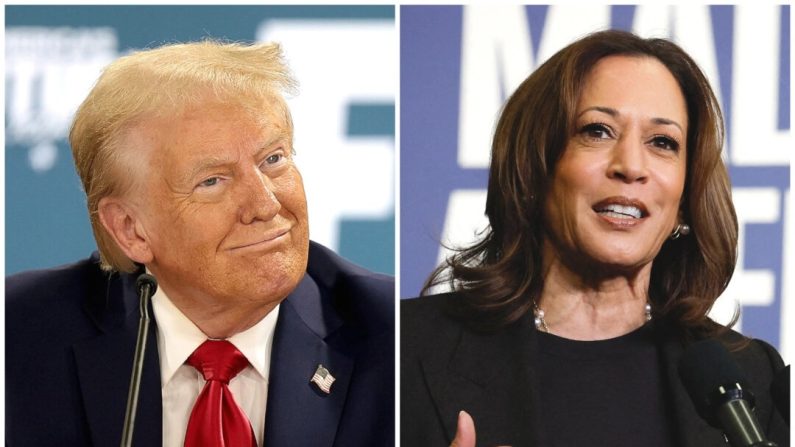 (À g.) L'ancien président Donald Trump lors d'une table ronde avec des membres de la communauté à Auburn Hills, dans le Michigan, le 18 octobre 2024. (À dr.) La vice-présidente Kamala Harris s'exprime lors d'un événement de campagne à Lansing (Michigan), le 18 octobre 2024. (Win McNamee/Getty Images ; Jeff Kowalsky/AFP via Getty Images)