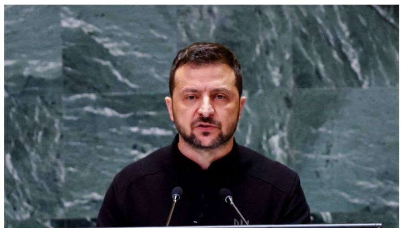 Le président ukrainien Volodymyr Zelensky s'adresse aux dirigeants mondiaux lors de l'Assemblée générale des Nations unies, au siège de l'ONU à New York, le 25 septembre 2024. (Spencer Platt/Getty Images)