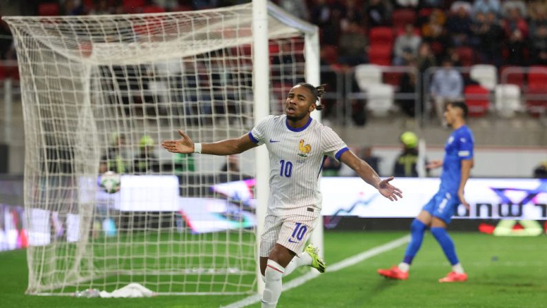 "J'y pensais fortement" à ce premier but en équipe de France, a dit Christopher Nkunku, "mais le plus important, c'est la victoire" contre Israël (4-1), jeudi à Budapest en Ligue des nations. (Photo : FRANCK FIFE/AFP via Getty Images)