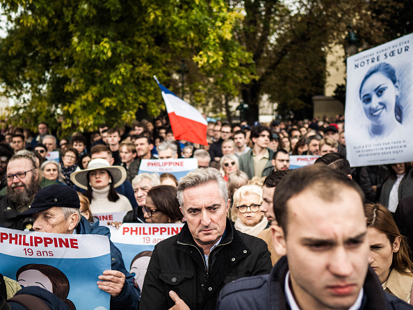 Stéphane Ravier, sénateur des Bouches-du-Rhône et président du mouvement Marseille d’abord, était l’un des rares élus politiques à être présent au rassemblement organisé par le Collectif Némésis en hommage de Philippine à Paris, le 29 septembre 2024. (Photo BASTIEN OHIER/Hans Lucas via AFP/AFP via Getty Images)