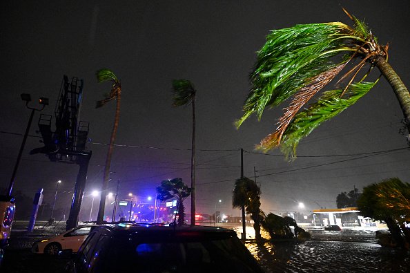 Des palmiers plient sous l'effet du vent après que l'ouragan Milton a touché terre à Brandon, en Floride, le 9 octobre 2024. (MIGUEL J. RODRIGUEZ CARRILLO/AFP via Getty Images)