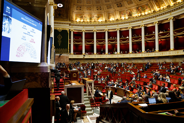 Une vue générale de l'Assemblée nationale après que les députés  aient voté en faveur d'un article introductif lors d'une séance de débat sur le budget, à Paris. (LUDOVIC MARIN/AFP via Getty Images)