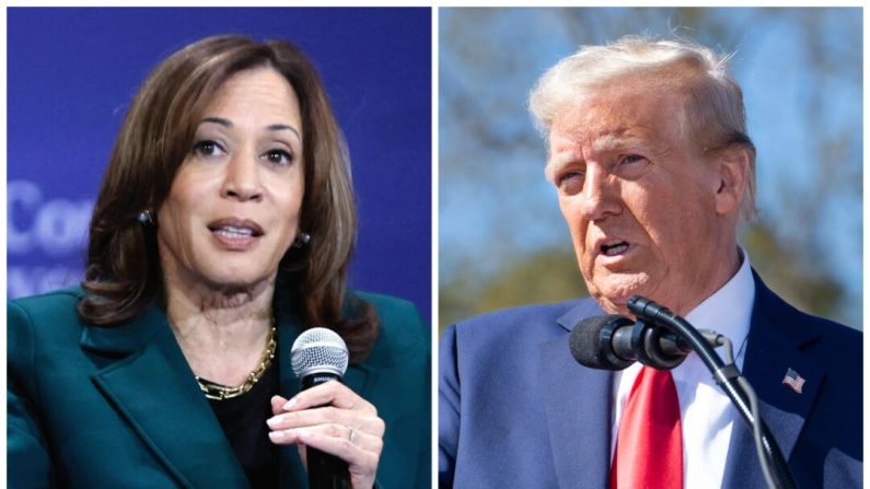 (À g.) La vice-présidente Kamala Harris s'exprime au Sharon Lynne Wilson Center for the Arts à Brookfield (Wisconsin), le 21 octobre 2024. (À d.) L'ancien président Donald Trump s'adresse à la presse à Swannanoa, en Caroline du Nord, le 21 octobre 2024. (Kamil Krzaczynski/AFP via Getty Images ; Madalina Vasiliu/Epoch Times)