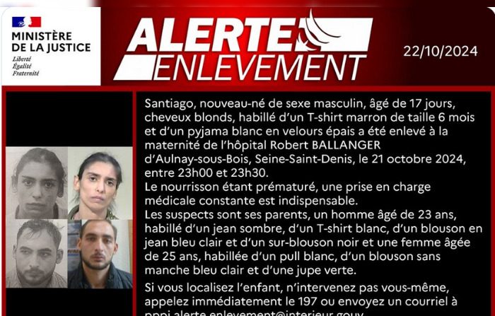 Santiago, nouveau-né de sexe masculin, âgé de 17 jours, a été enlevé à la maternité de l’hôpital Robert Ballanger d’Aulnay-sous-Bois, Seine-Saint-Denis, le 21 octobre 2024, entre 23 h 00 et 23 h 30. (Capture d’écran Ministère de la Justice)