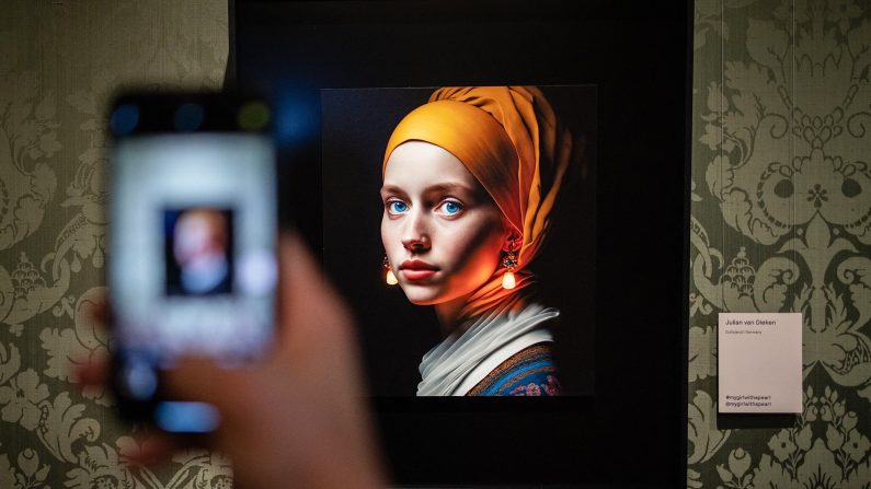 Un visiteur prend une photo avec son téléphone portable d'une image conçue avec une intelligence artificielle par le créateur numérique berlinois Julian van Dieken inspirée par le tableau de Johannes Vermeer "La Jeune fille à la perle" au musée Mauritshuis à La Haye, le 9 mars 2023. (Simon Wohlfahrt/AFP via Getty Images)