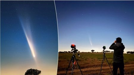 Un chasseur de comètes capture des images épiques de la comète Atlas avec une anti-queue spectaculaire dans un ciel crépusculaire rose