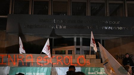 Plus d’une centaine d’agriculteurs érigent un mur devant l’institut Inrae à Paris