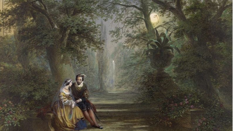 "The Moon Shines Bright", 1859, de John Edmund Buckley est une scène de l'acte V, scène 1 du"Marchand de Venise" de Shakespeare. Comme une véritable poésie, Shakespeare décrit comment la musique adoucit l'esprit humain et neutralise le mal. (Folger Shakespeare Library, Washington. Département d'imagerie du Folger)