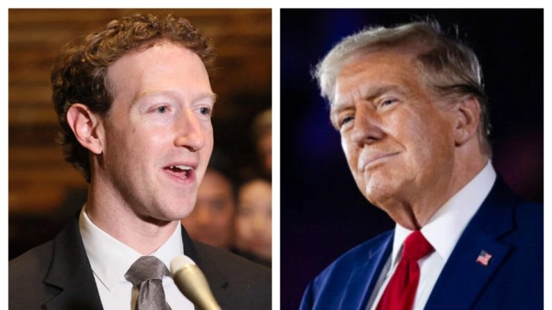 (À g.) Mark Zuckerberg s'adresse aux journalistes au bureau du Premier ministre japonais lors de sa visite à Tokyo le 27 février 2024. (À dr.) L'ancien président Donald Trump sourit à la foule lors d'une réunion publique au Macomb Community College à Warren (Michigan), le 27 septembre 2024. (STR/JIJI Press/AFP via Getty Images ; Emily Elconin/Getty Images)