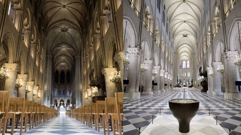 À gauche, une photo montre l'intérieur de la cathédrale Notre-Dame de Paris le 30 novembre 2012. (PATRICK KOVARIK/AFP via Getty Images) À droite, une photo montre l'intérieur de la cathédrale Notre-Dame de Paris, le 29 novembre 2024. (CHRISTOPHE PETIT TESSON/POOL/AFP via Getty Images)